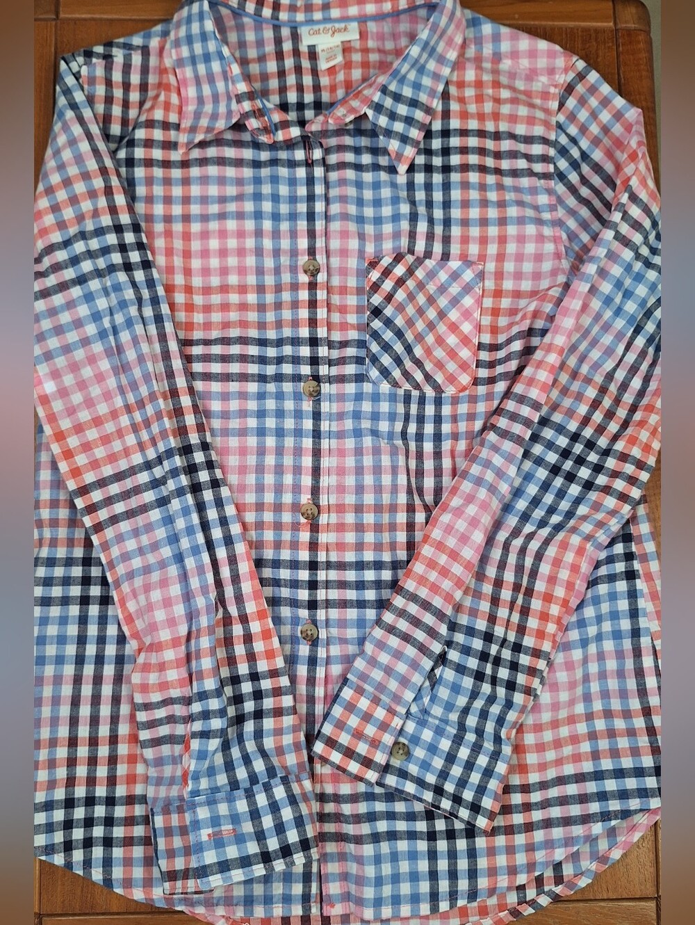 Cat & Jack Plaid Button Down Shirt 100% Cotton Long Sleeve Pink Blue Kids XL